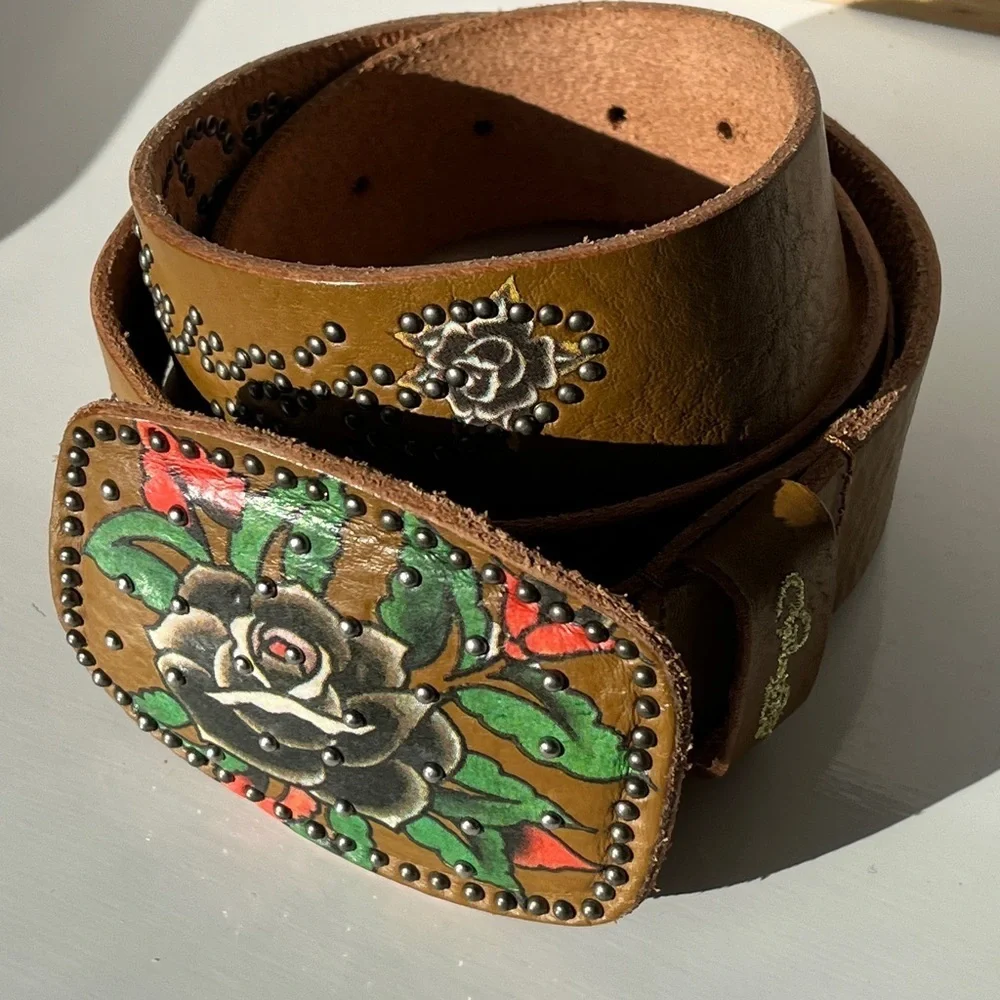 Ed Hardy Leather Belt Yellow Rose Tattoo Buckle Adjustable Size L Vintage Style